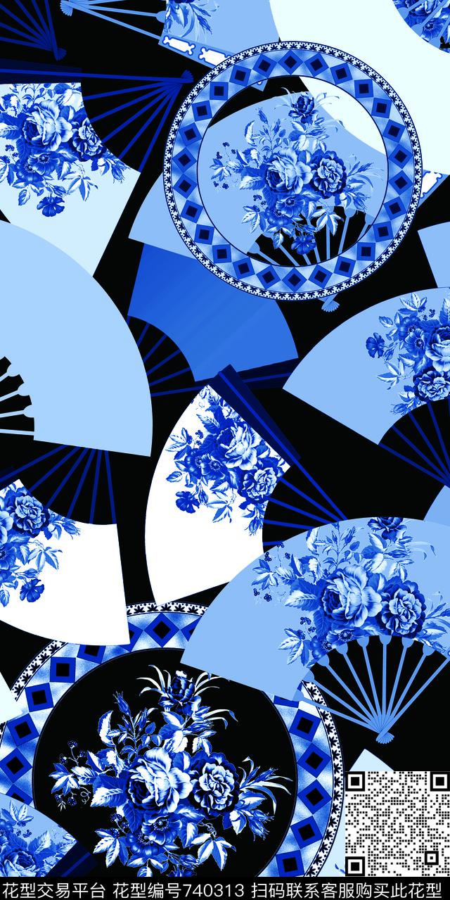 花卉扇子水墨色彩传统印花华亿平台下载（图片编号: 740313） - 瓦栏（Walan）