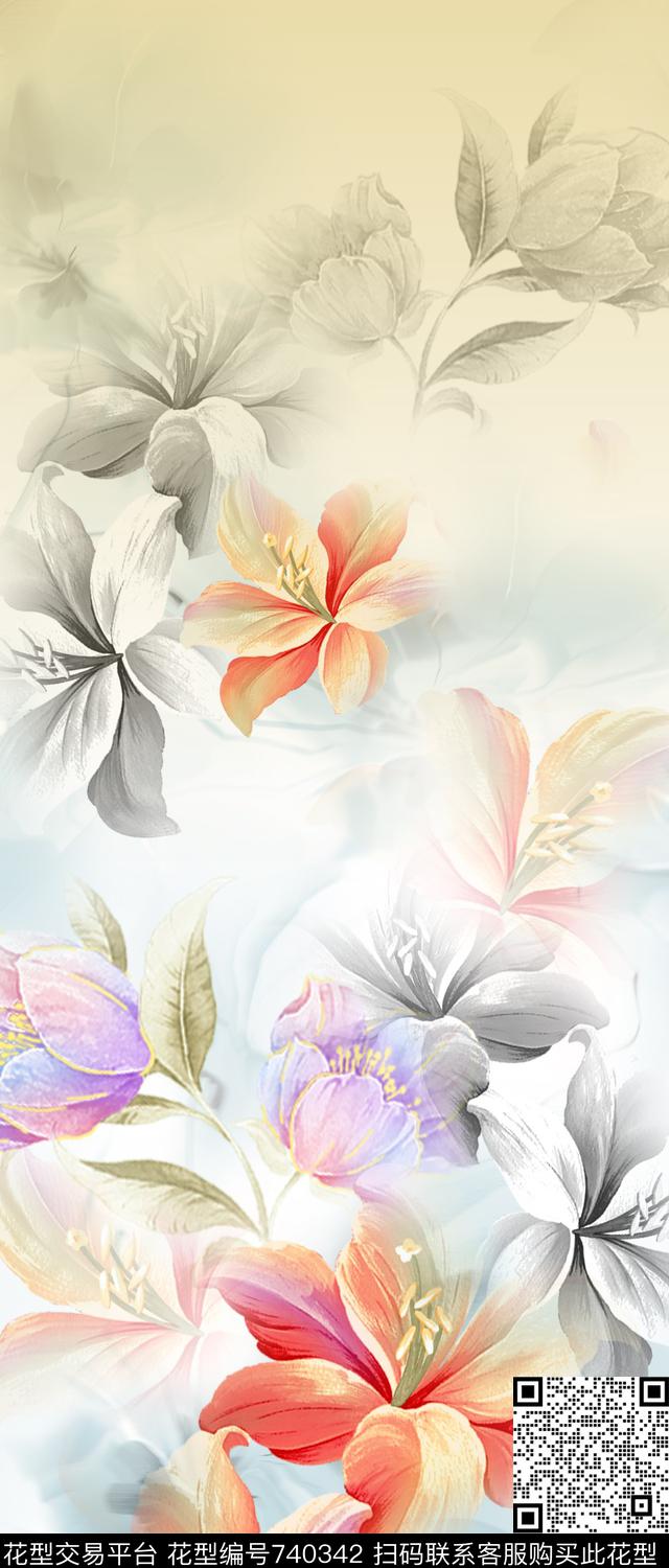 花朵花卉水彩数码印花华亿平台下载（图片编号: 740342） - 瓦栏（Walan）