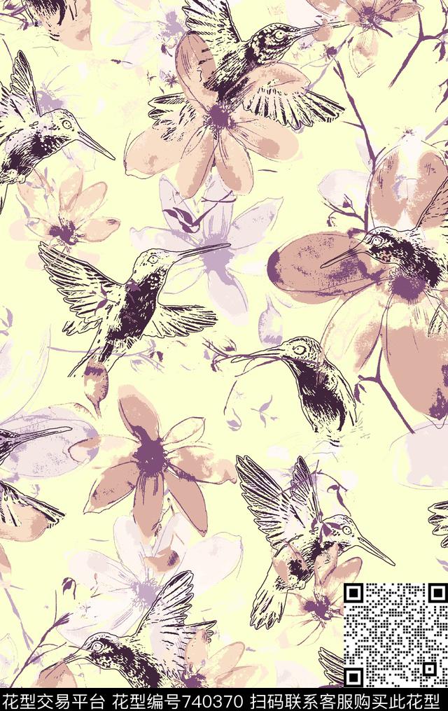 鸟花瓣花朵传统印花华亿平台下载（图片编号: 740370） - 瓦栏（Walan）