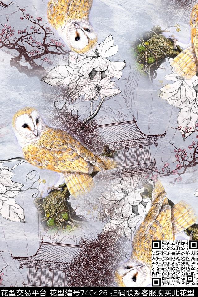 猫头鹰水墨中国风数码印花华亿平台下载（图片编号: 740426） - 瓦栏（Walan）