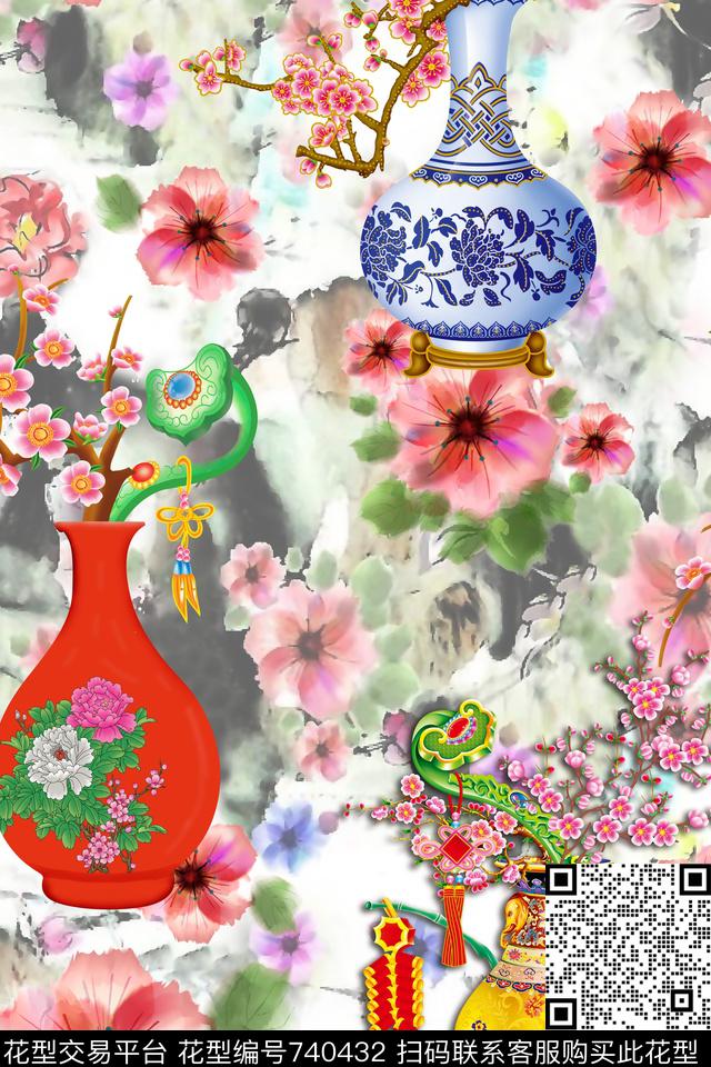 山水画青花瓷民族风数码印花华亿平台下载（图片编号: 740432） - 瓦栏（Walan）