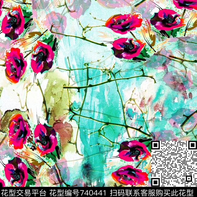 小方巾抽象花卉数码印花华亿平台下载（图片编号: 740441） - 瓦栏（Walan）