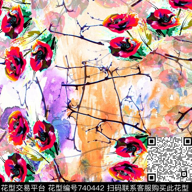 小方巾抽象花卉数码印花华亿平台下载（图片编号: 740442） - 瓦栏（Walan）