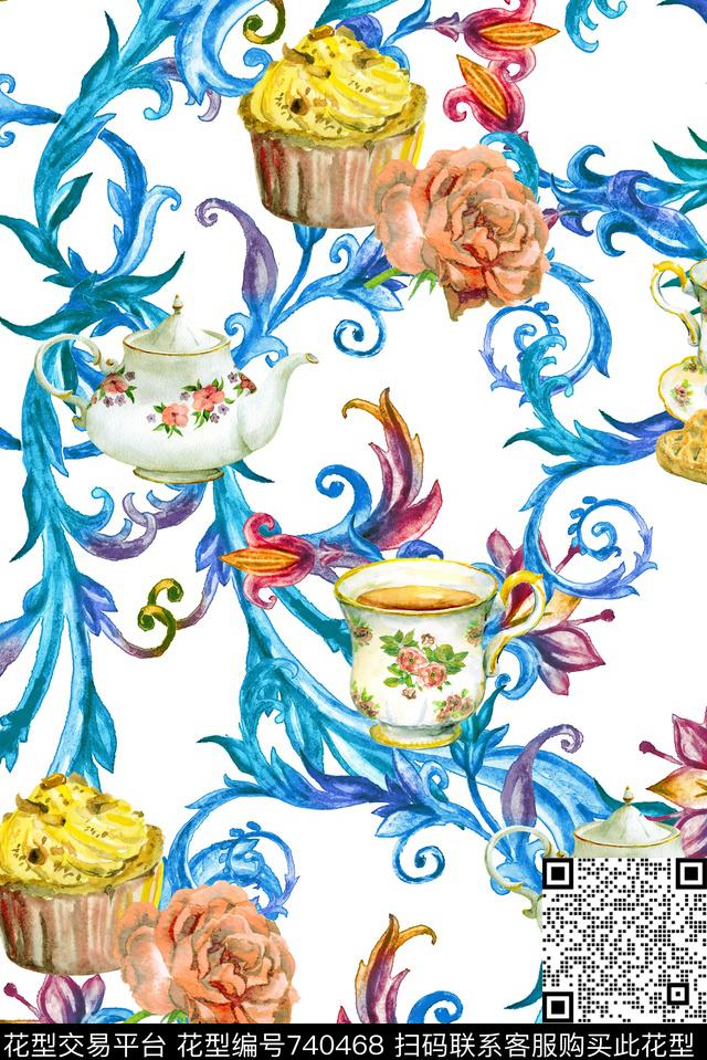 手绘花纹青花瓷数码印花华亿平台下载（图片编号: 740468） - 瓦栏（Walan）