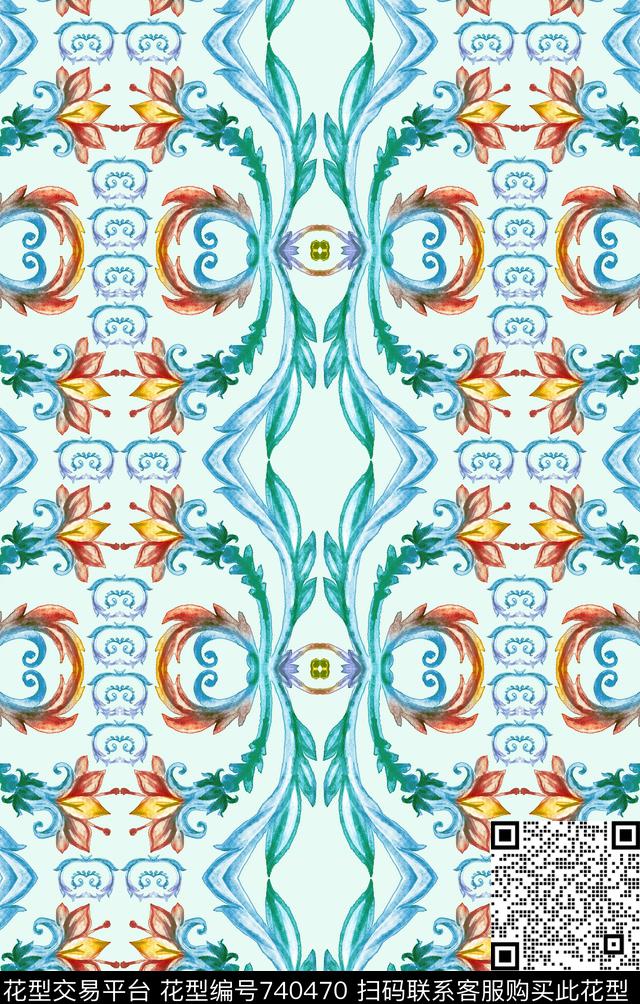 手绘花纹青花瓷数码印花华亿平台下载（图片编号: 740470） - 瓦栏（Walan）