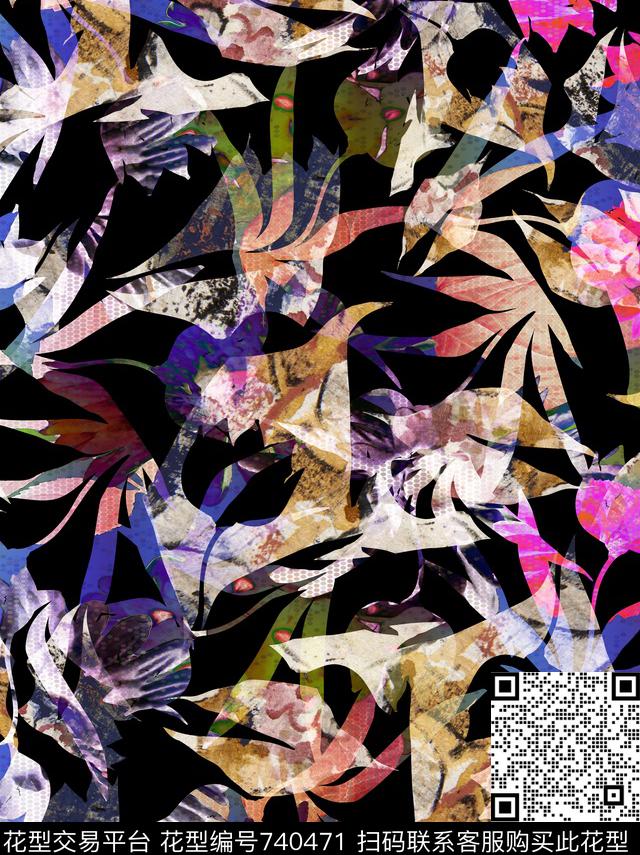 手绘花卉碎片数码印花华亿平台下载（图片编号: 740471） - 瓦栏（Walan）