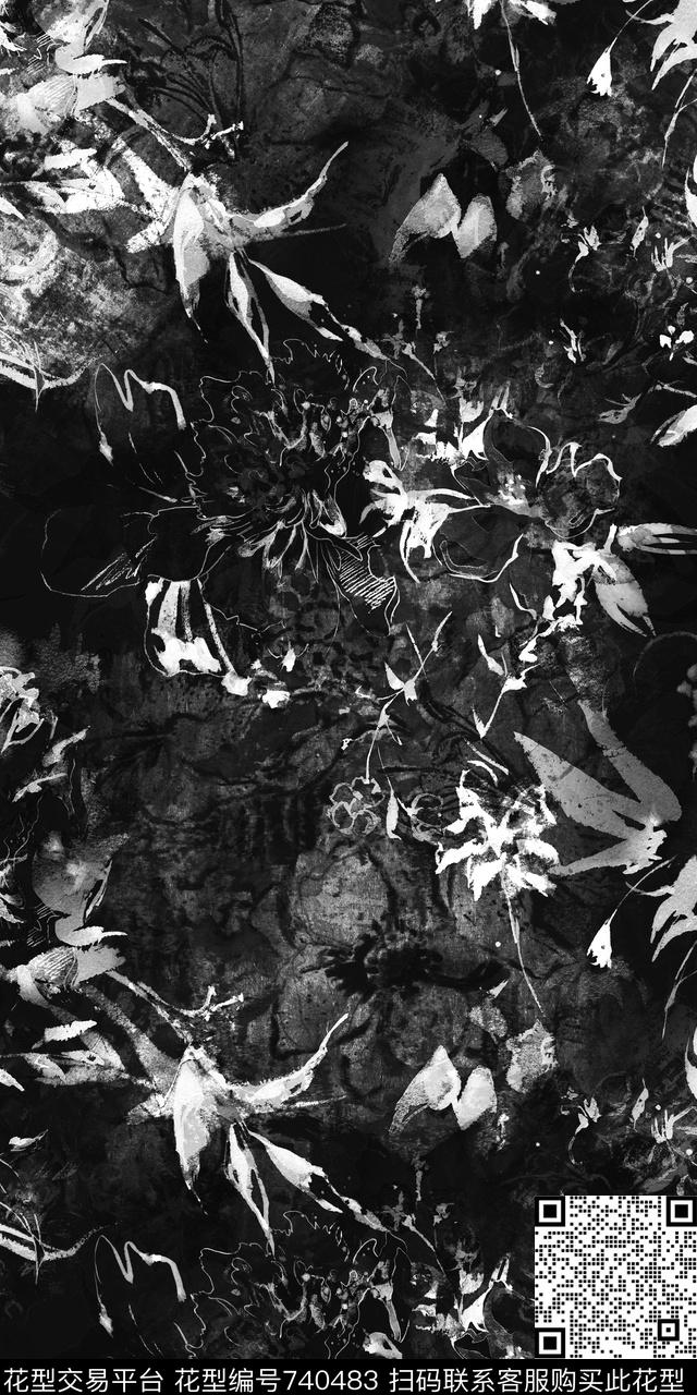 手绘黑白花卉数码印花华亿平台下载（图片编号: 740483） - 瓦栏（Walan）