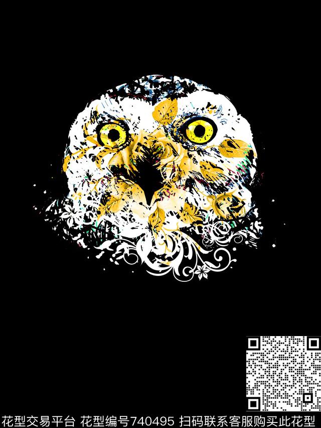 抽象手绘水彩画动物猫头鹰花卉数码印花时尚潮流男装T恤卫衣定位印花欧美复古到印花风格数码印花华亿平台下载（图片编号: 740495） - 瓦栏（Walan）