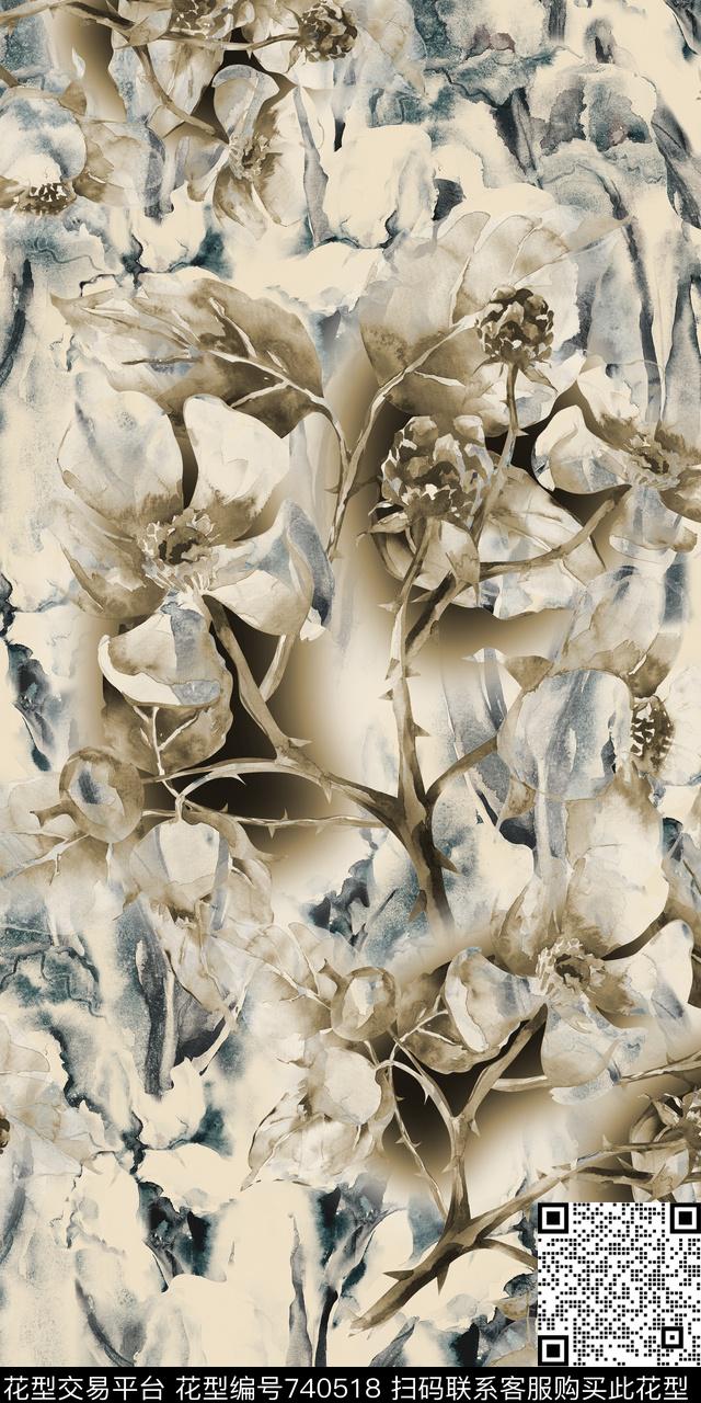 手绘花卉泼墨数码印花华亿平台下载（图片编号: 740518） - 瓦栏（Walan）