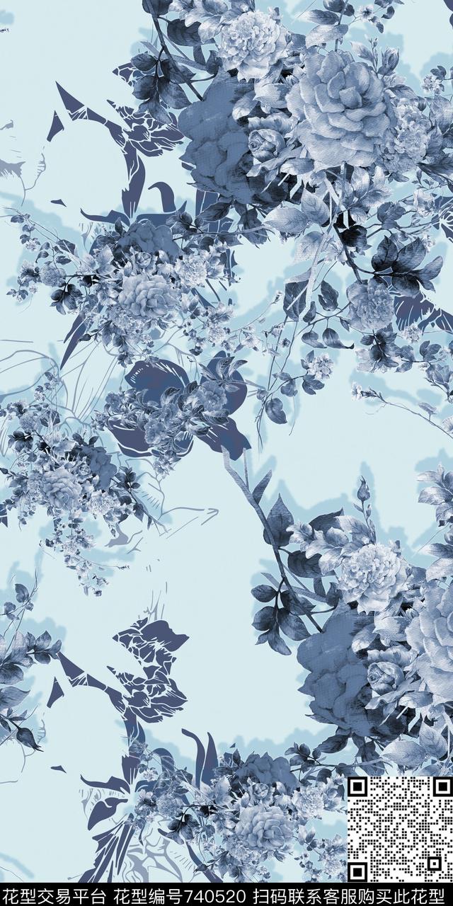 手绘青花瓷花卉数码印花华亿平台下载（图片编号: 740520） - 瓦栏（Walan）