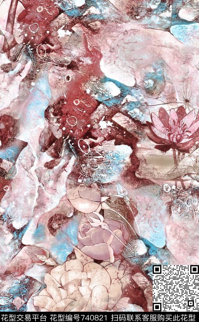 乱花数码花大气抽象荷花数码印花华亿平台下载（图片编号: 740821） - 瓦栏（Walan）