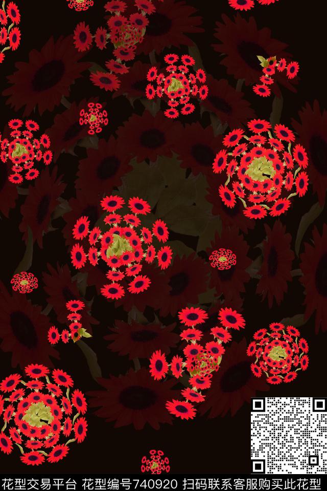 血红花卉透明花数码印花华亿平台下载（图片编号: 740920） - 瓦栏（Walan）