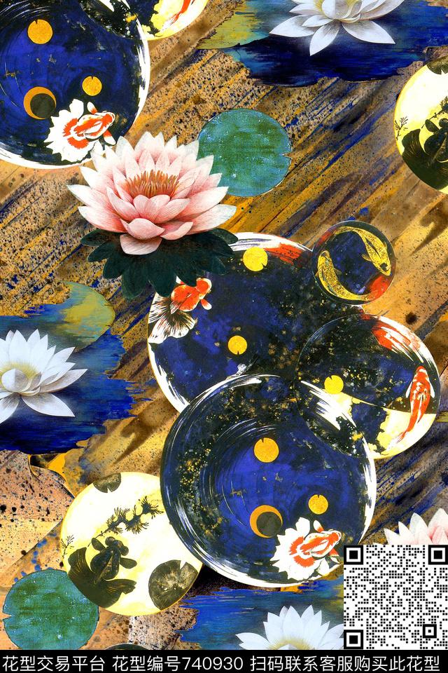 中国风荷塘荷花数码印花华亿平台下载（图片编号: 740930） - 瓦栏（Walan）