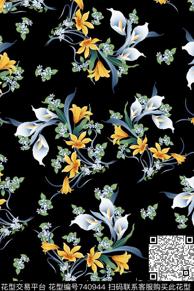 大花花朵花卉数码印花华亿平台下载（图片编号: 740944） - 瓦栏（Walan）