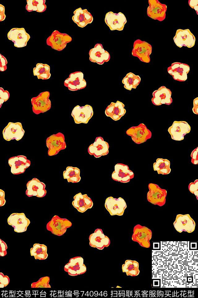 花朵花卉黑底传统印花华亿平台下载（图片编号: 740946） - 瓦栏（Walan）