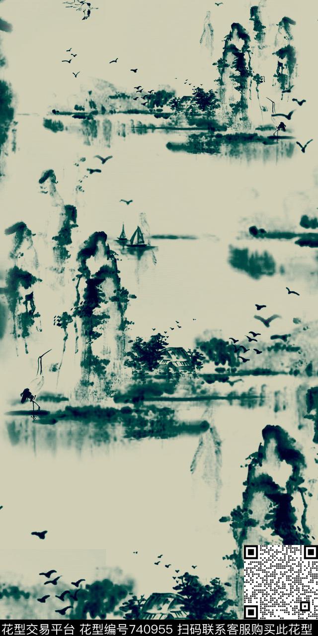 中国风水墨山水画数码印花华亿平台下载（图片编号: 740955） - 瓦栏（Walan）