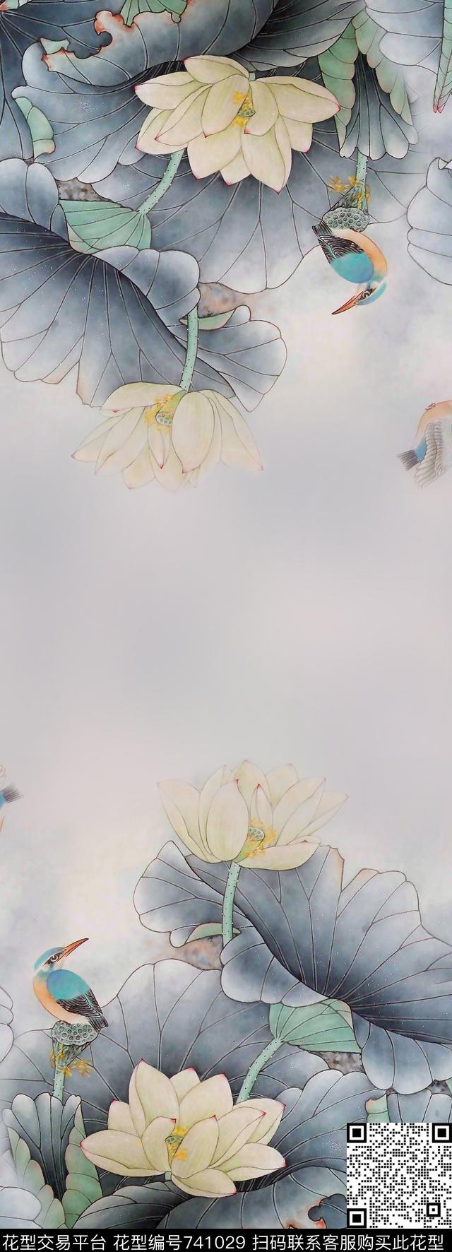 花鸟国画荷花数码印花华亿平台下载（图片编号: 741029） - 瓦栏（Walan）