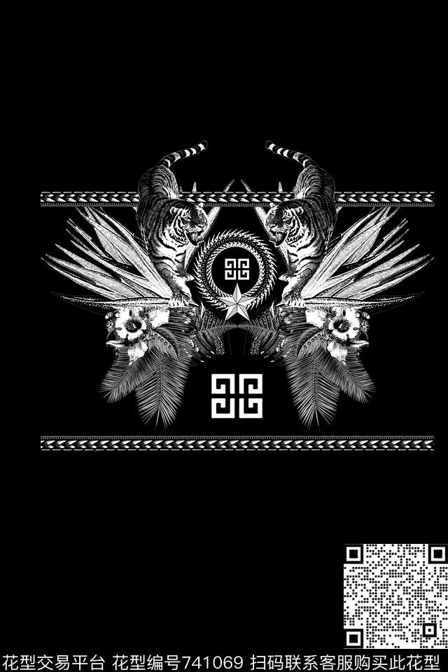 黑白动物老虎花卉数码印花华亿平台下载（图片编号: 741069） - 瓦栏（Walan）