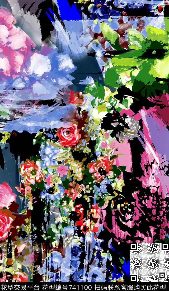 纹理乱花花卉数码印花华亿平台下载（图片编号: 741100） - 瓦栏（Walan）