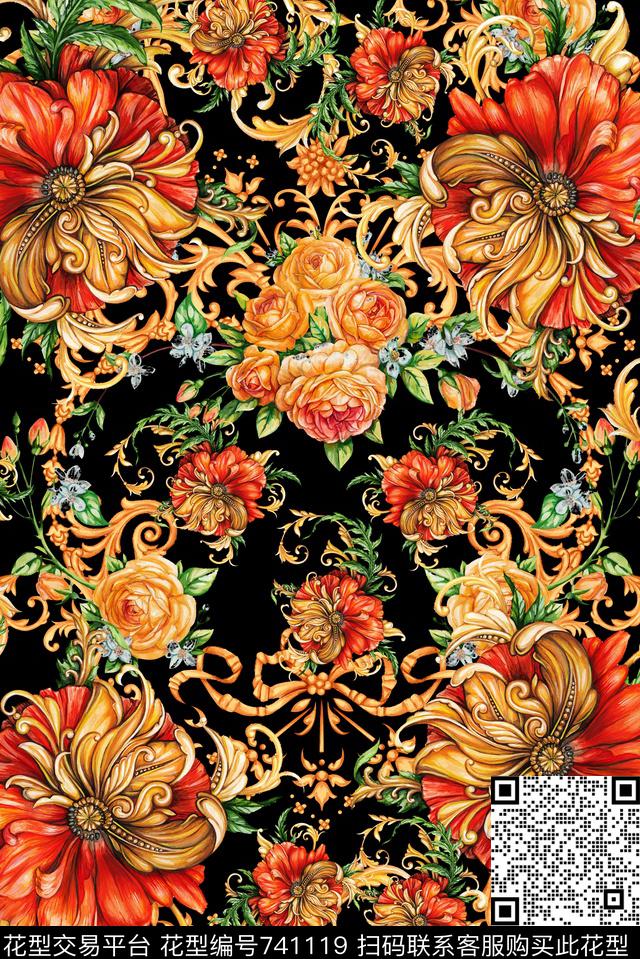 手绘金属花纹数码印花华亿平台下载（图片编号: 741119） - 瓦栏（Walan）