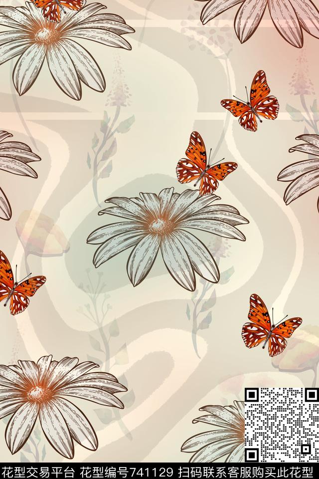 花朵花卉蝴蝶传统印花华亿平台下载（图片编号: 741129） - 瓦栏（Walan）