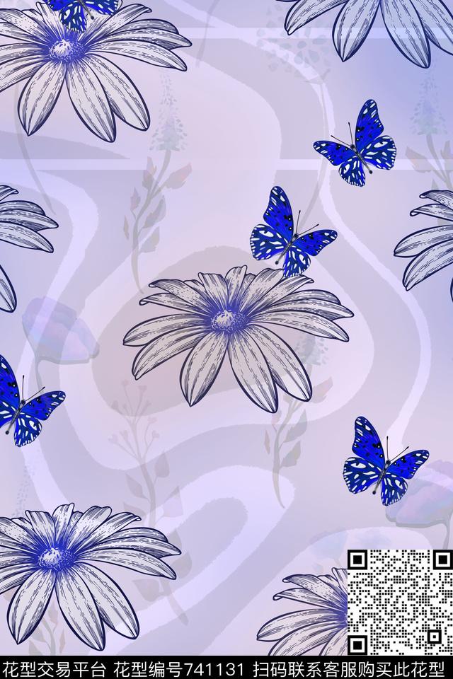 花朵花卉蝴蝶传统印花华亿平台下载（图片编号: 741131） - 瓦栏（Walan）