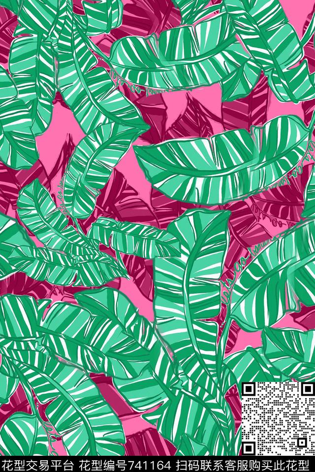 棕榈叶热带手绘数码印花华亿平台下载（图片编号: 741164） - 瓦栏（Walan）