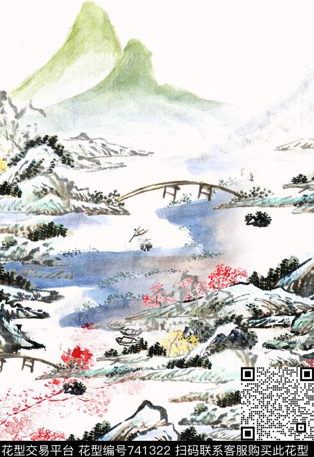 水墨山水桃花数码印花华亿平台下载（图片编号: 741322） - 瓦栏（Walan）