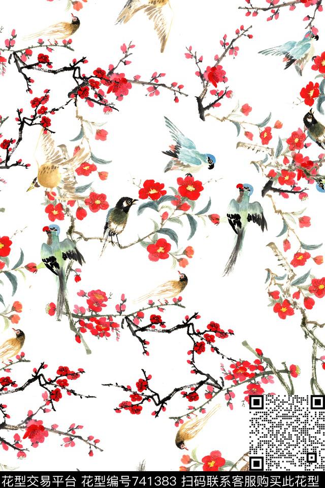 手绘花卉水墨数码印花华亿平台下载（图片编号: 741383） - 瓦栏（Walan）