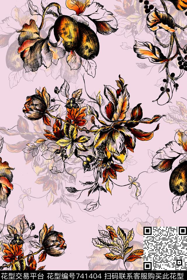 乱花欧式时尚大牌缠枝花卉数码印花华亿平台下载（图片编号: 741404） - 瓦栏（Walan）