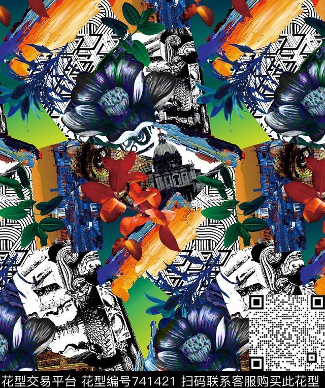 趣味不规则几何花卉数码印花华亿平台下载（图片编号: 741421） - 瓦栏（Walan）