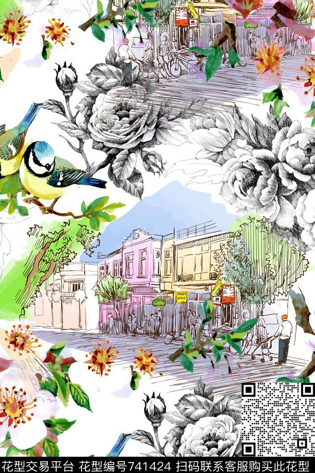 城市插画线描数码印花华亿平台下载（图片编号: 741424） - 瓦栏（Walan）