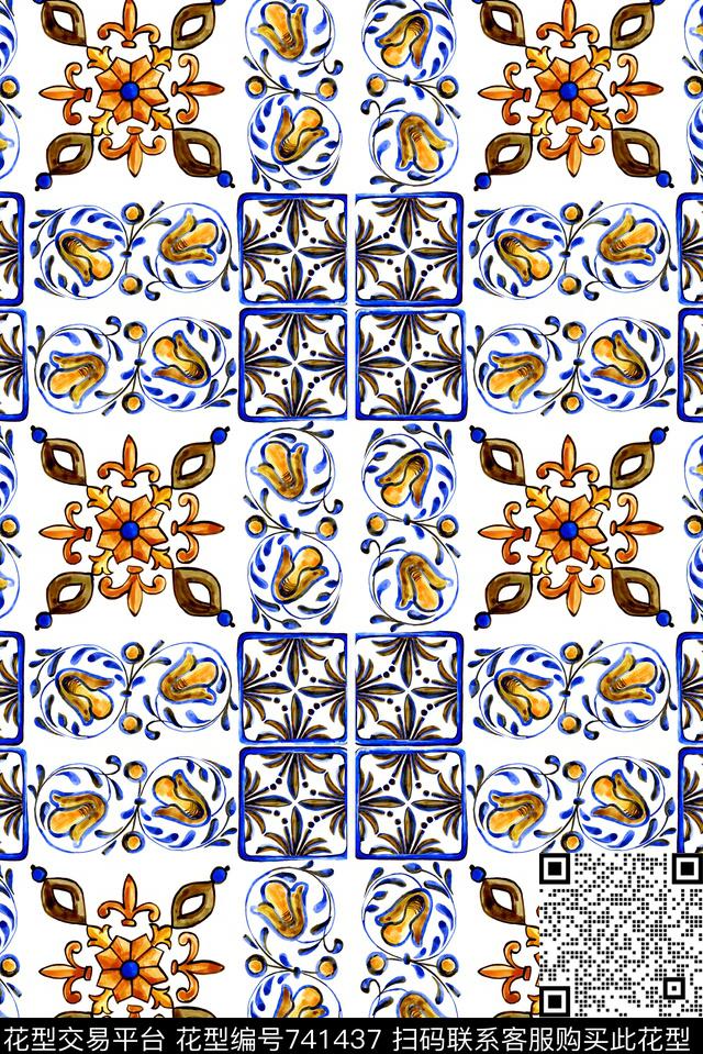 青花瓷花纹清爽数码印花华亿平台下载（图片编号: 741437） - 瓦栏（Walan）