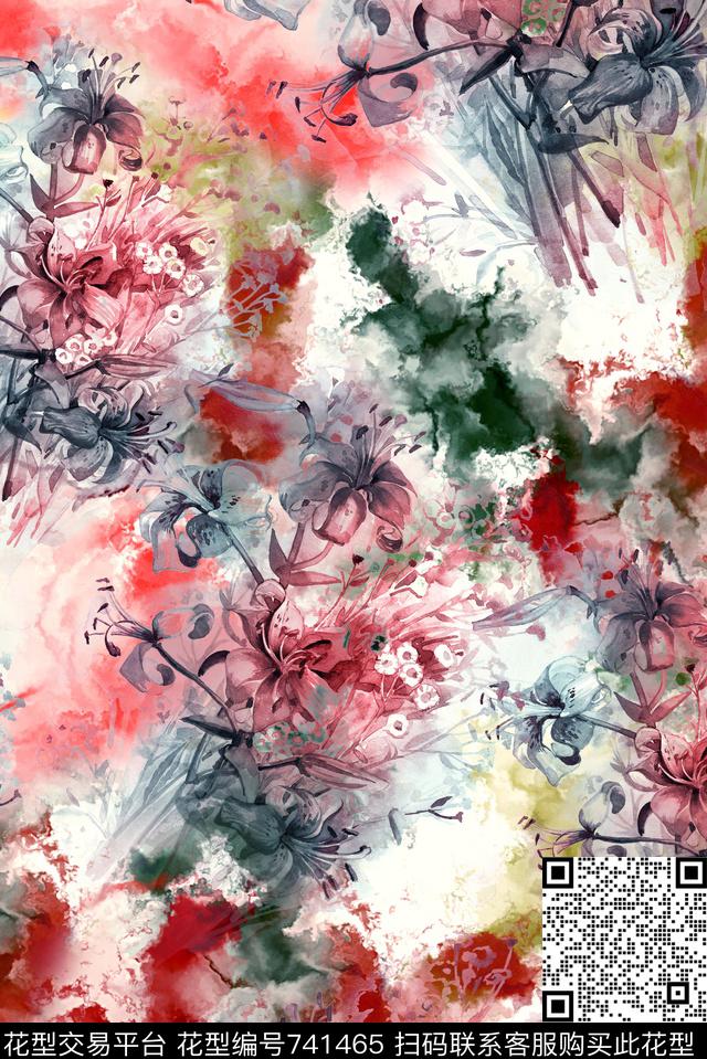 手绘花卉散乱数码印花华亿平台下载（图片编号: 741465） - 瓦栏（Walan）