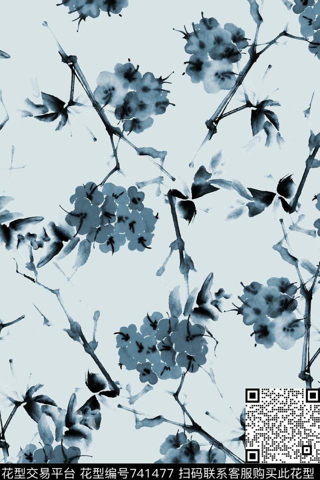 水墨薰衣草花卉数码印花华亿平台下载（图片编号: 741477） - 瓦栏（Walan）