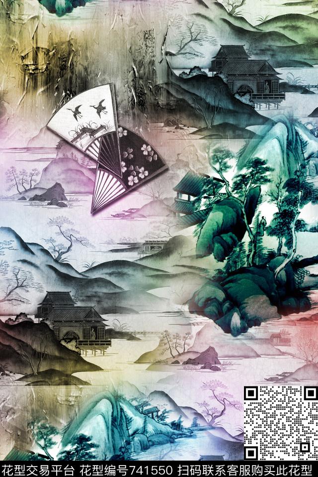 中国风山水炫彩数码印花华亿平台下载（图片编号: 741550） - 瓦栏（Walan）