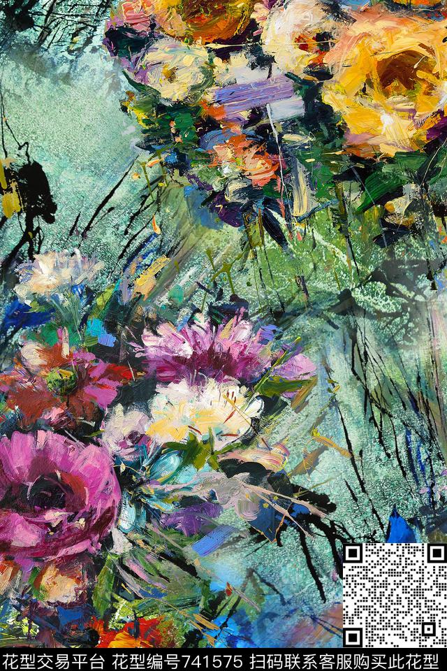 抽象油画花卉数码印花华亿平台下载（图片编号: 741575） - 瓦栏（Walan）