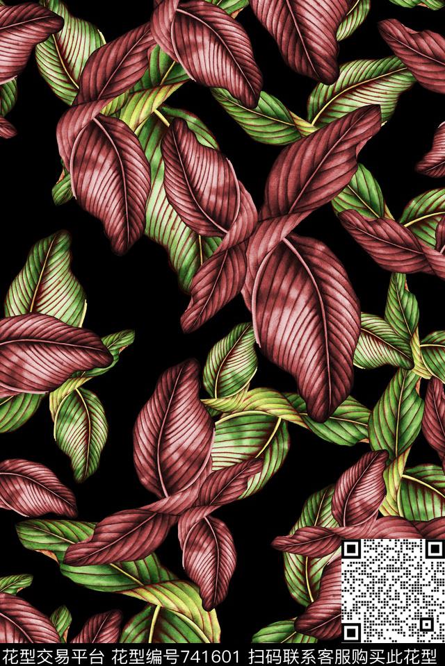 手绘热带阔叶数码印花华亿平台下载（图片编号: 741601） - 瓦栏（Walan）