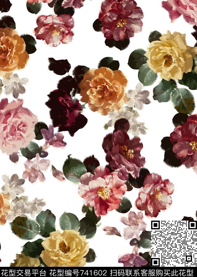 花卉不定位丝巾女装家纺时尚数码印花华亿平台下载（图片编号: 741602） - 瓦栏（Walan）