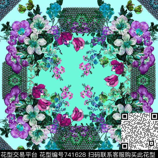 小方巾花卉几何数码印花华亿平台下载（图片编号: 741628） - 瓦栏（Walan）