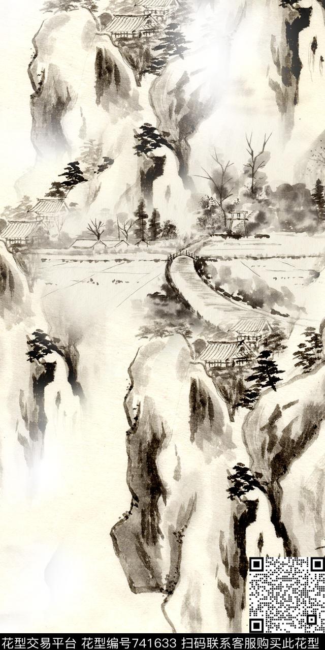 山水画水墨国画数码印花华亿平台下载（图片编号: 741633） - 瓦栏（Walan）