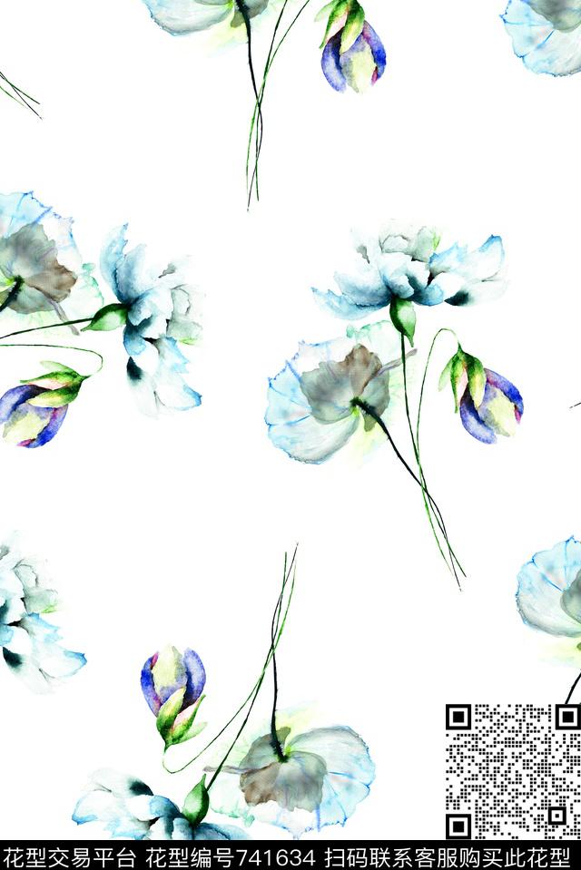 简单手绘花卉数码印花华亿平台下载（图片编号: 741634） - 瓦栏（Walan）