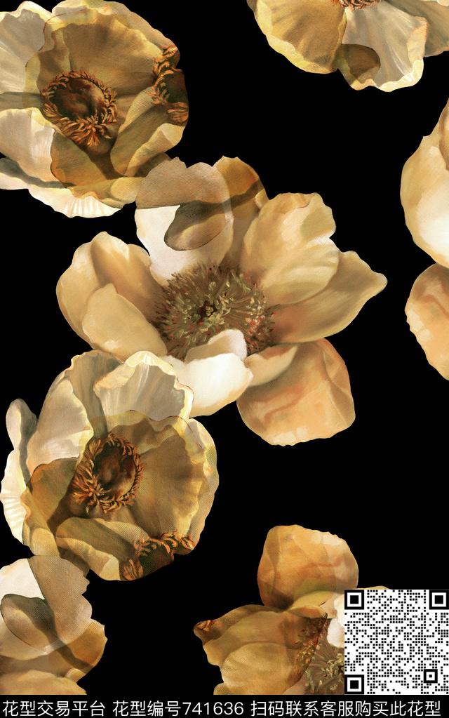 大花牡丹玫瑰数码印花华亿平台下载（图片编号: 741636） - 瓦栏（Walan）