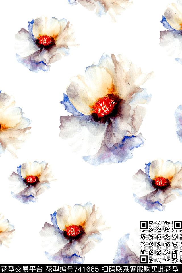 手绘淡雅花瓣数码印花华亿平台下载（图片编号: 741665） - 瓦栏（Walan）