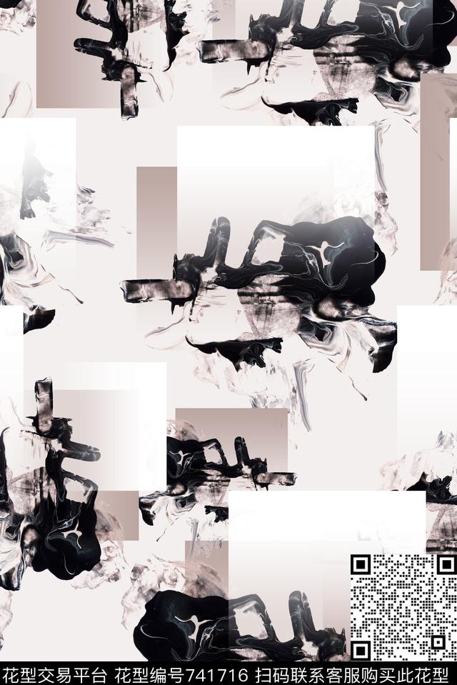 泼墨水墨几何数码印花华亿平台下载（图片编号: 741716） - 瓦栏（Walan）