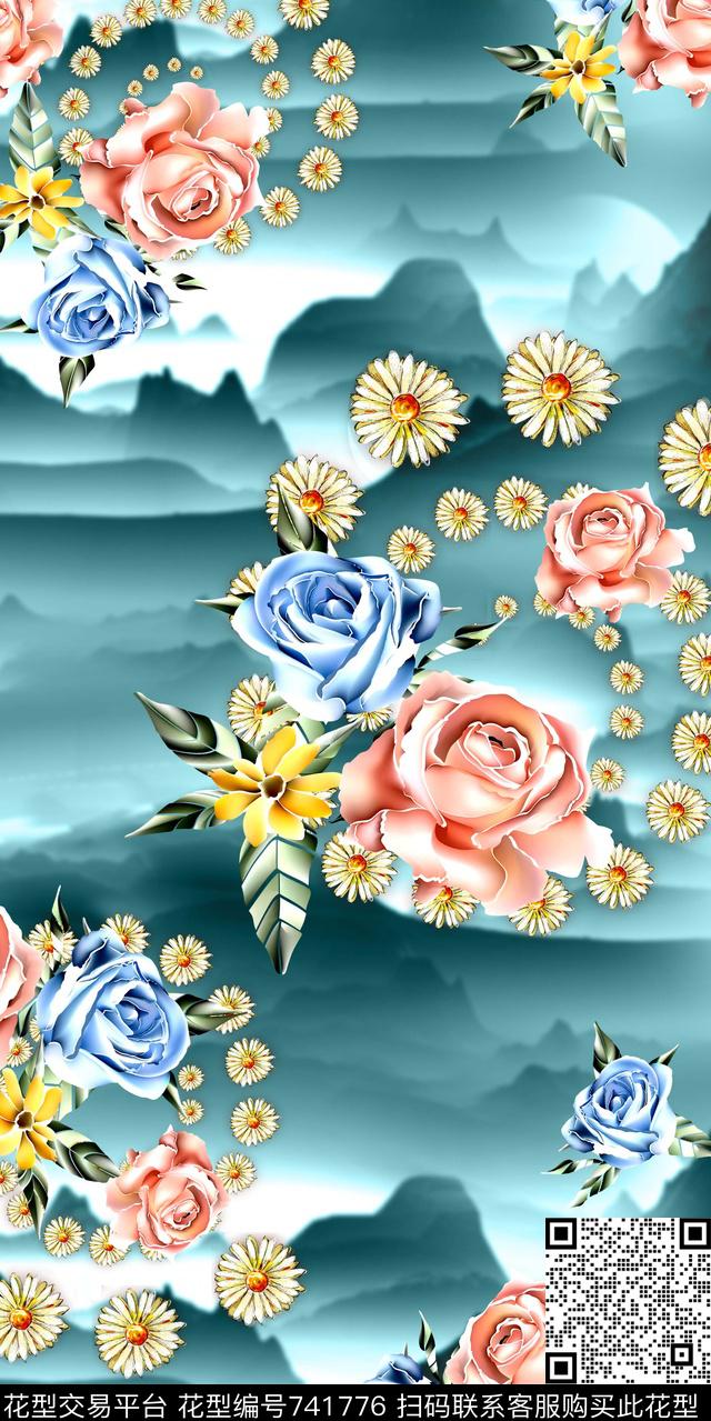 数码水彩花卉数码印花华亿平台下载（图片编号: 741776） - 瓦栏（Walan）