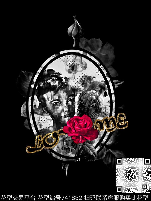 复古人物像花鸟男装T恤华亿平台数码印花华亿平台下载（图片编号: 741832） - 瓦栏（Walan）