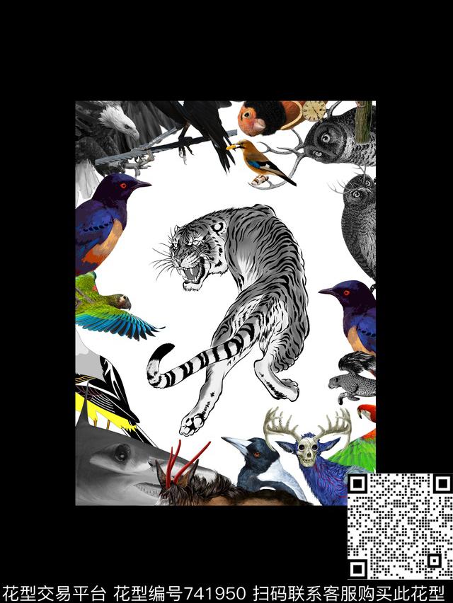 动物老虎小鸟数码印花华亿平台下载（图片编号: 741950） - 瓦栏（Walan）