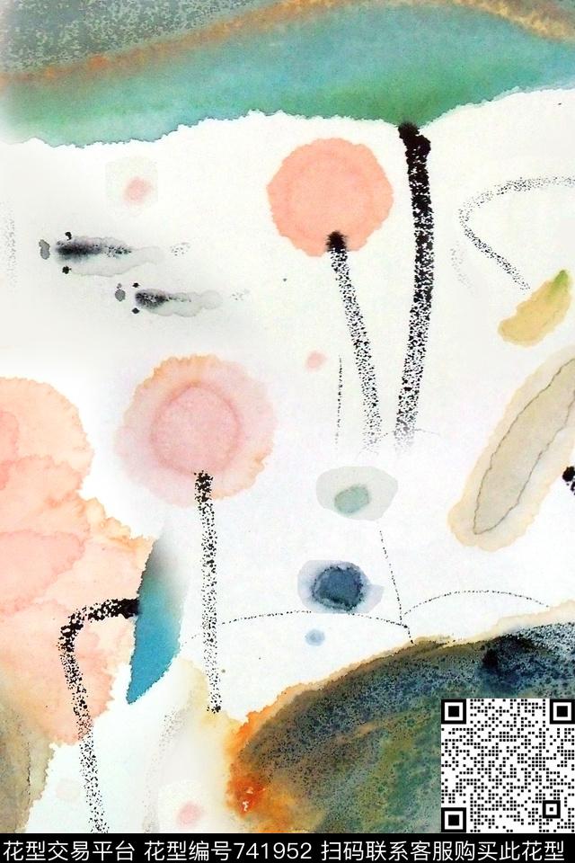 手绘中国风荷叶。荷花数码印花华亿平台下载（图片编号: 741952） - 瓦栏（Walan）