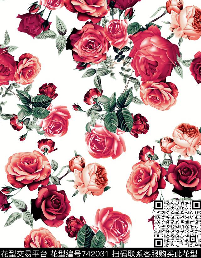 玫瑰大花花朵传统印花华亿平台下载（图片编号: 742031） - 瓦栏（Walan）